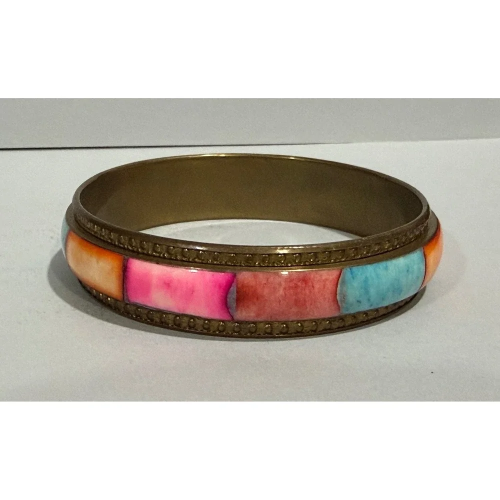 Boho Ethnic‎ Colorful Bangle Bracelet Multicolor Brass Shell Inlay Boho Vibrant